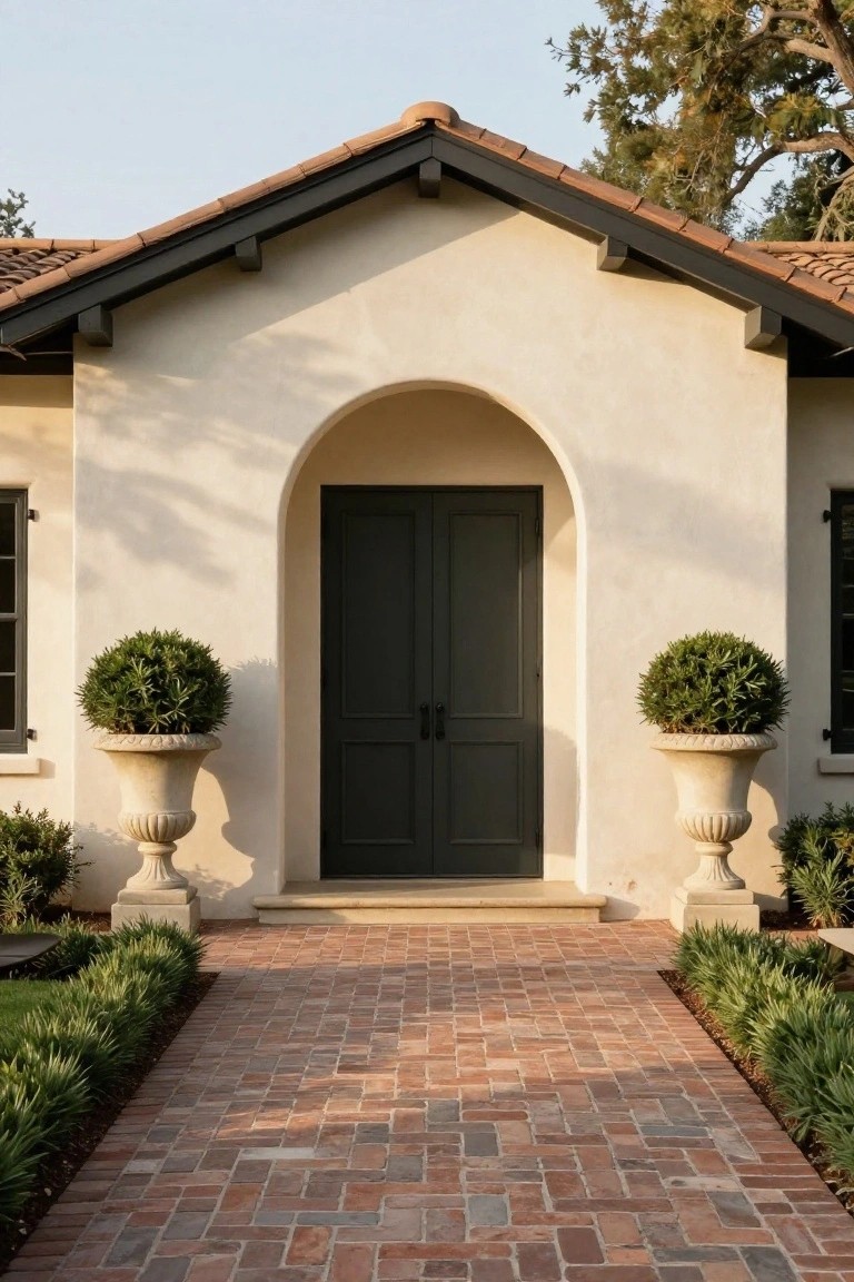Front view of a one-story stucco house with a recessed arched entry containing dark double doors, terracotta roof tiles, and two large potted shrubs flanking a brick walkway.