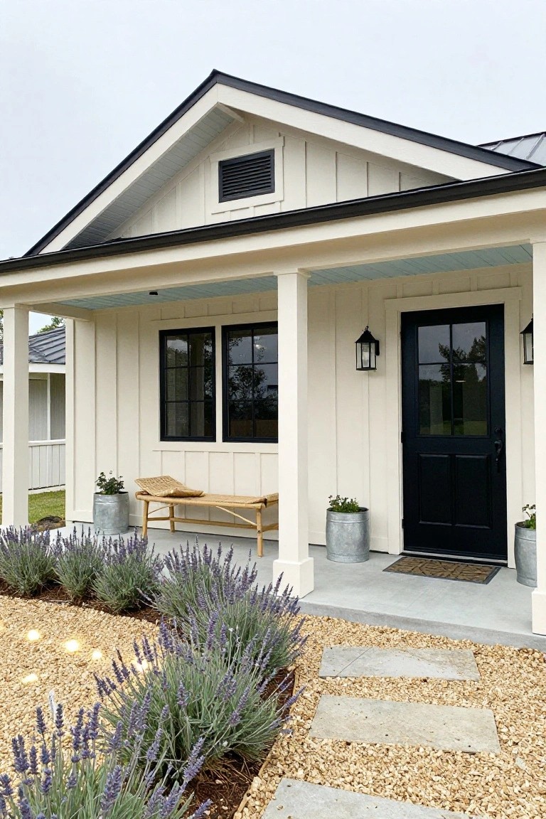 Front view of a one-story ranch home with white siding, a black front door, covered porch supported by white columns, and lavender plants along a gravel path.