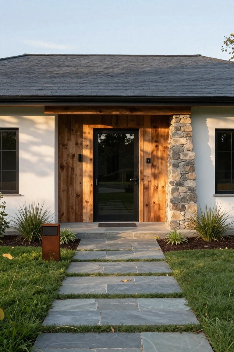 Front view of a one-story ranch home with a dark shingled roof, wood siding at the entry, black door, stone column, and stone walkway leading to the steps.