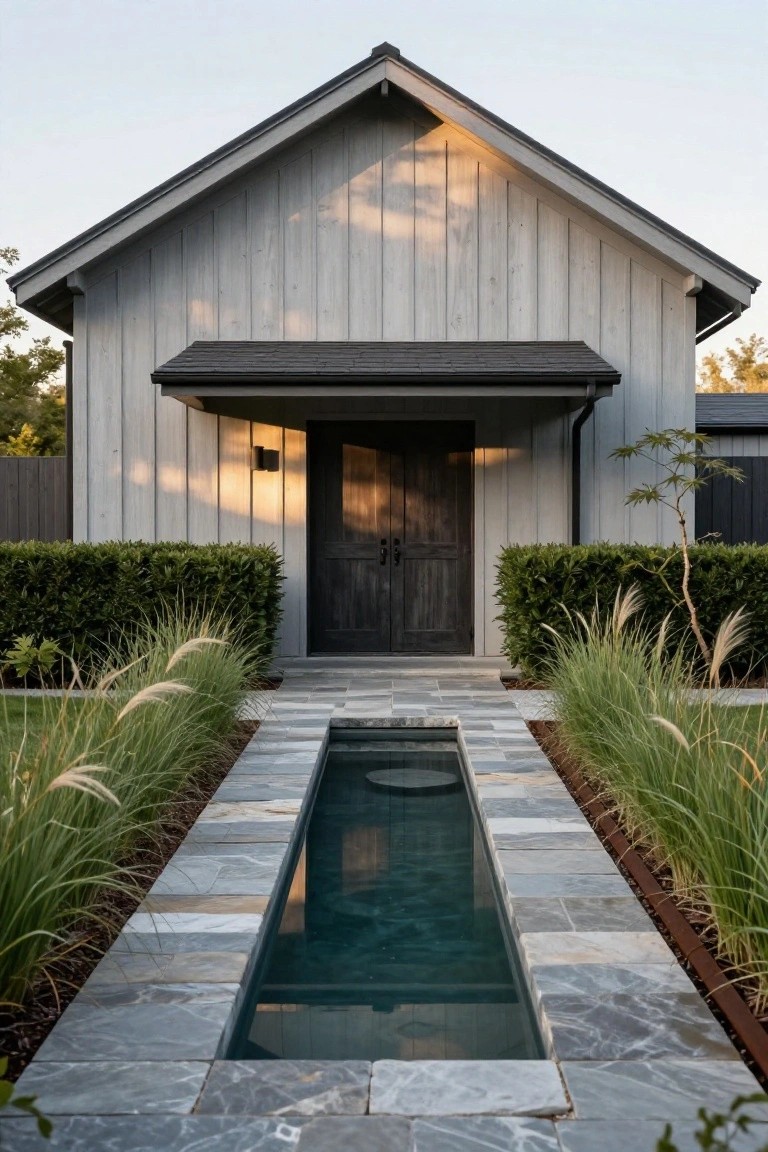 A front view of a one-story house with light gray vertical siding, a dark gabled roof, a central dark wood double door, and a stone pathway with a narrow rectangular water feature running down the center.