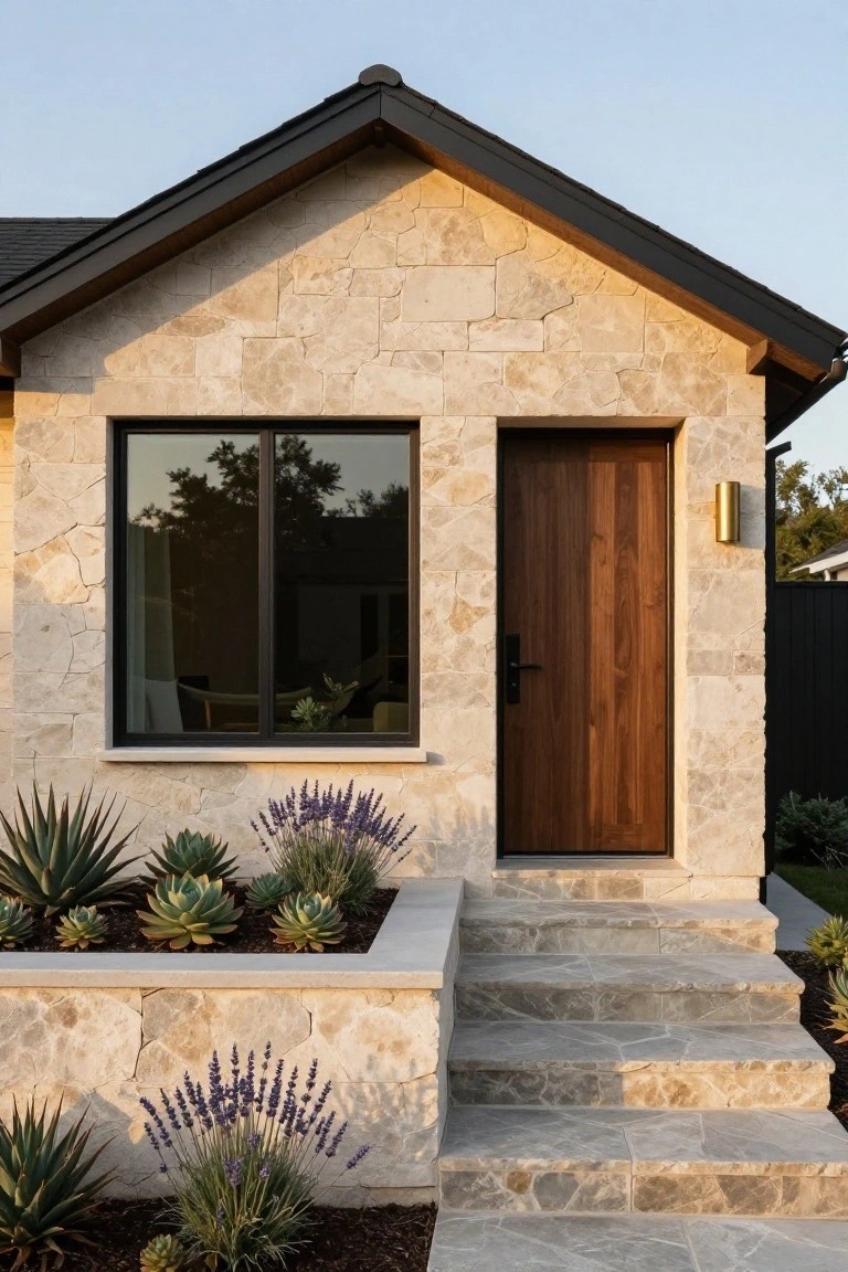 Front view of a one-story stone house with a dark gabled roof, wooden door, large window, and stone steps.