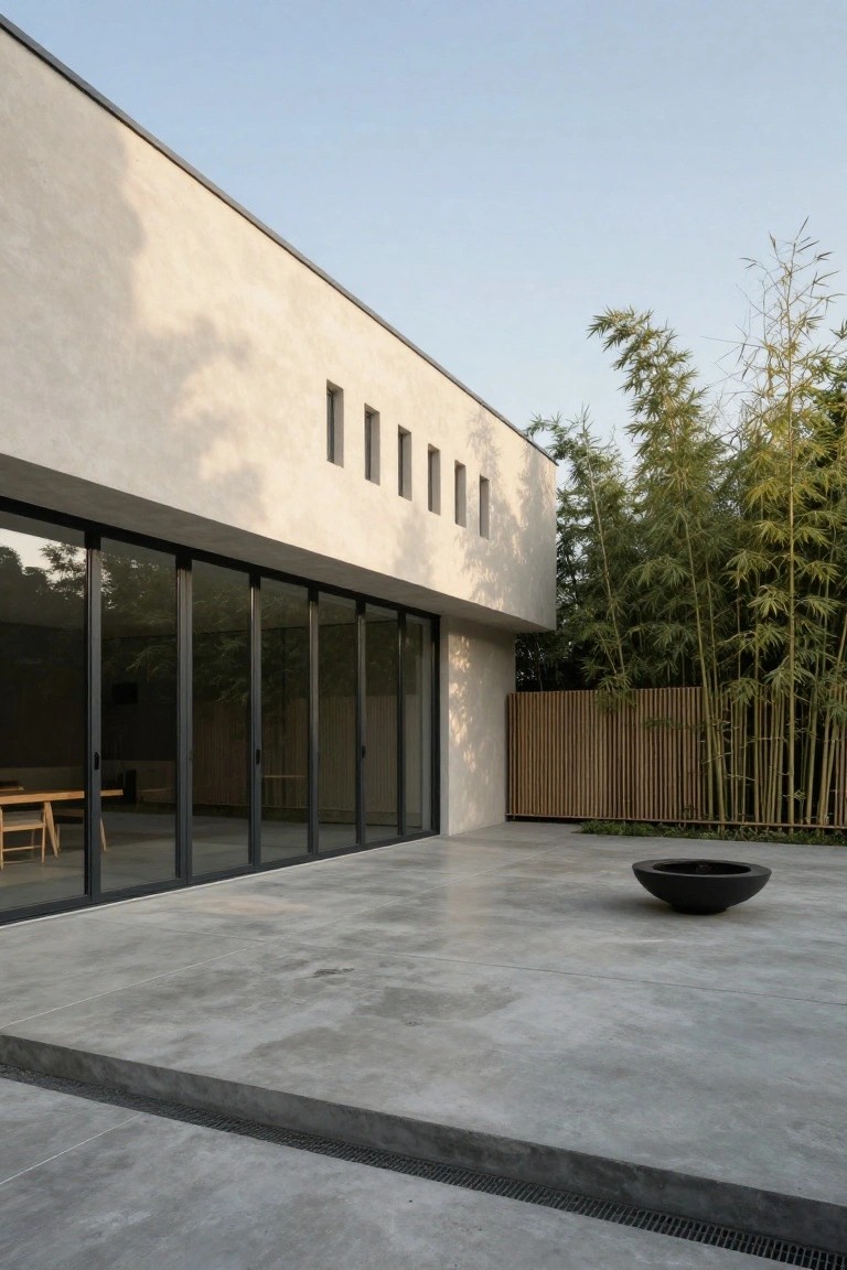 A modern one-story house with a flat roofline and large sliding glass doors opening to a wide concrete patio with a single dark bowl and bamboo planting along a wooden fence.