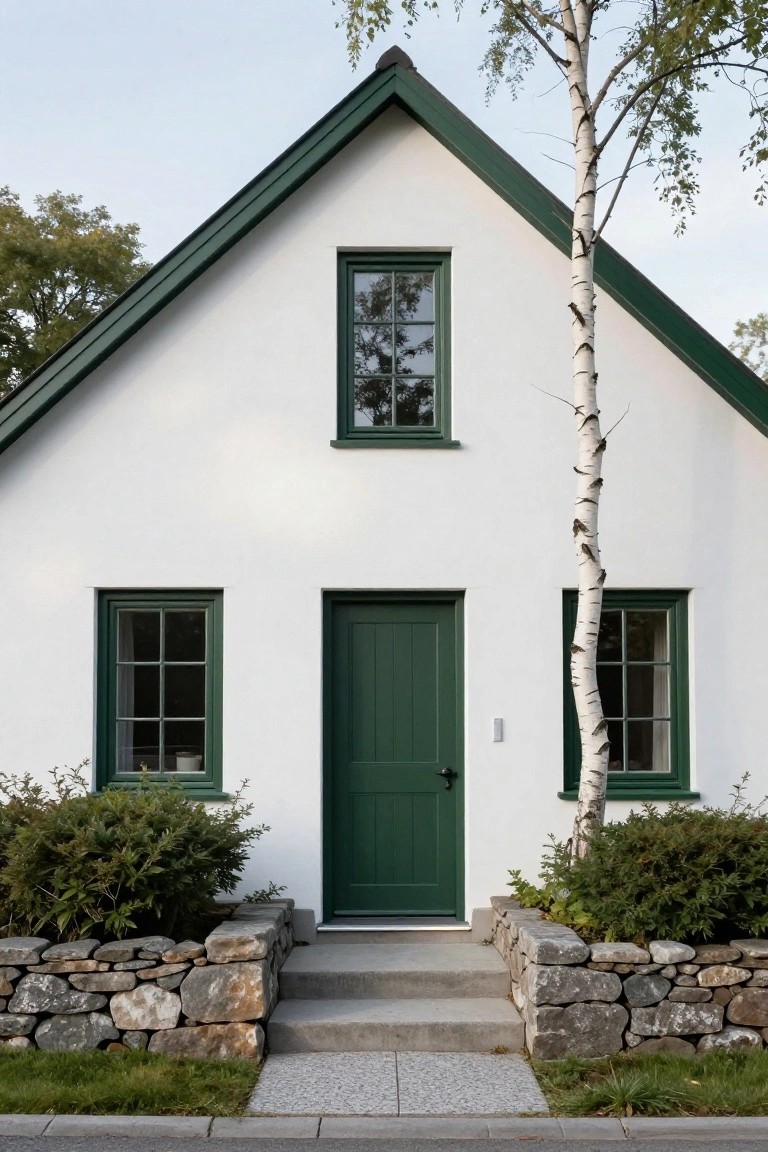 Front view of a white house with green roof trim, a centered green door, and symmetrically placed windows with green frames, next to a birch tree and low stone walls.