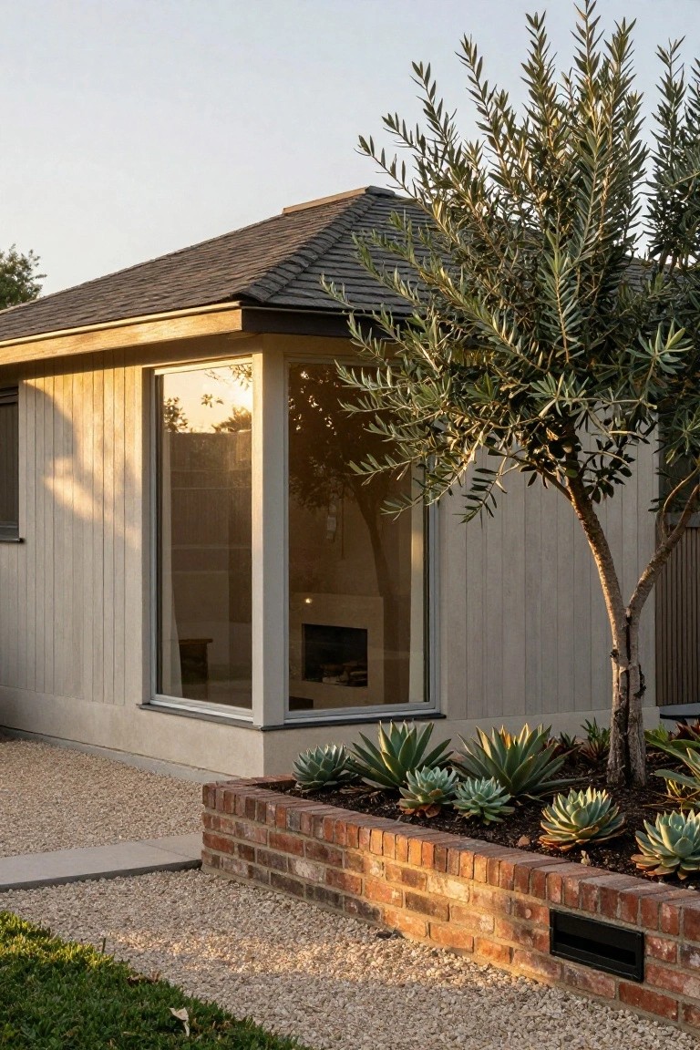 Modern house with wood siding, large windows, brick planter of succulents and olive tree.