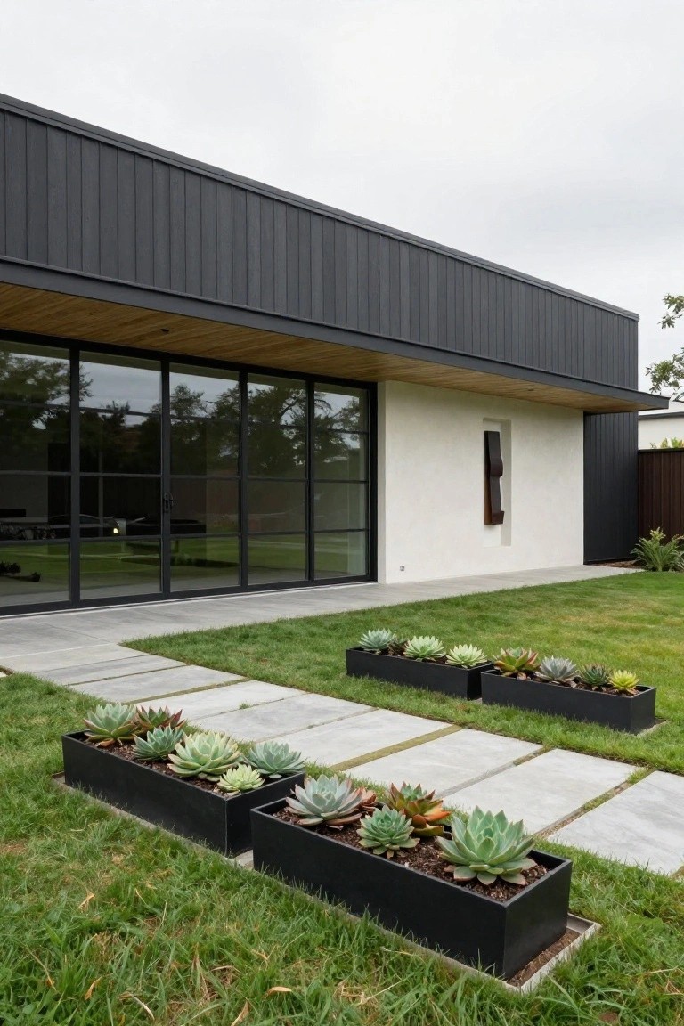 Modern house with large windows, white walls, and black succulent planters on lawn