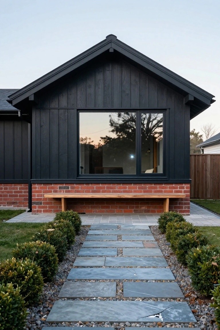 A one-story house with black wood siding over a red brick foundation, a large central window, a wooden bench at the base, and a stone pathway with shrubs leading to the front.