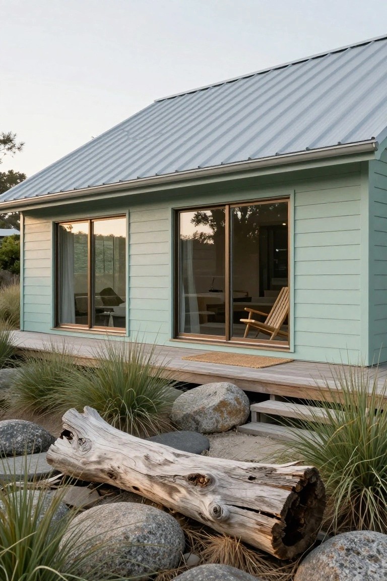 A one-story ranch house with mint green horizontal siding, a light gray corrugated metal roof, and large windows overlooking a wooden deck surrounded by rocks and tall grass.
