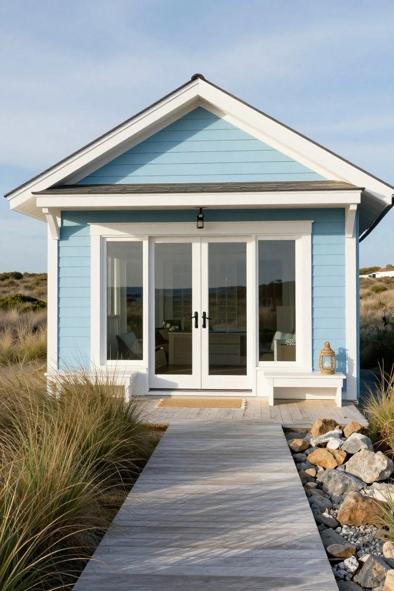 Light blue cottage with white trim, glass doors, and wooden walkway amid dunes and rocks.