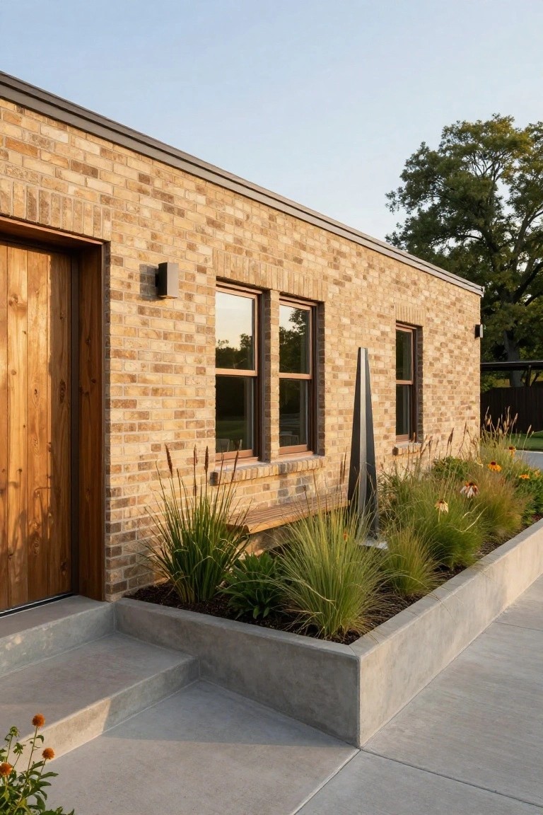 Modern brick house with wooden door, windows, and concrete planter with grasses.