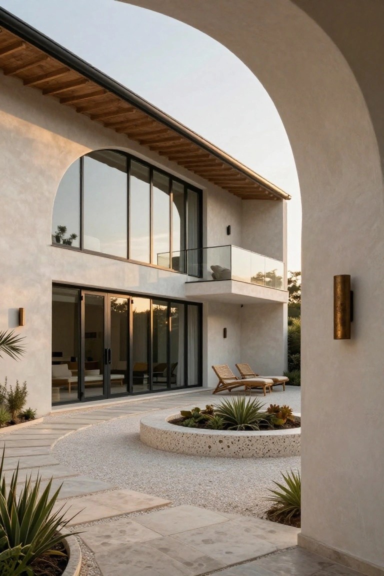 Modern villa exterior with large arched windows and a prominent archway framing a gravel courtyard with lounge chairs and a curved planter.