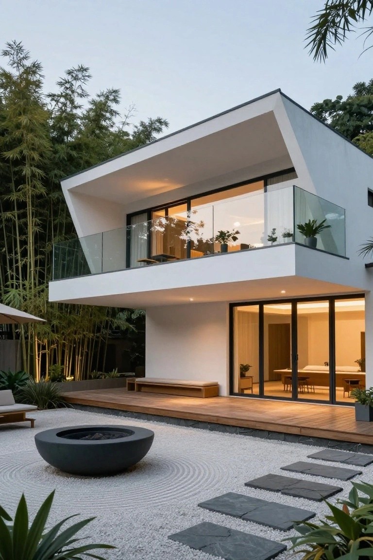 Modern white villa with a large cantilevered upper floor, glass balcony railing, and open wooden deck facing a gravel garden with a round fire pit and stone path.
