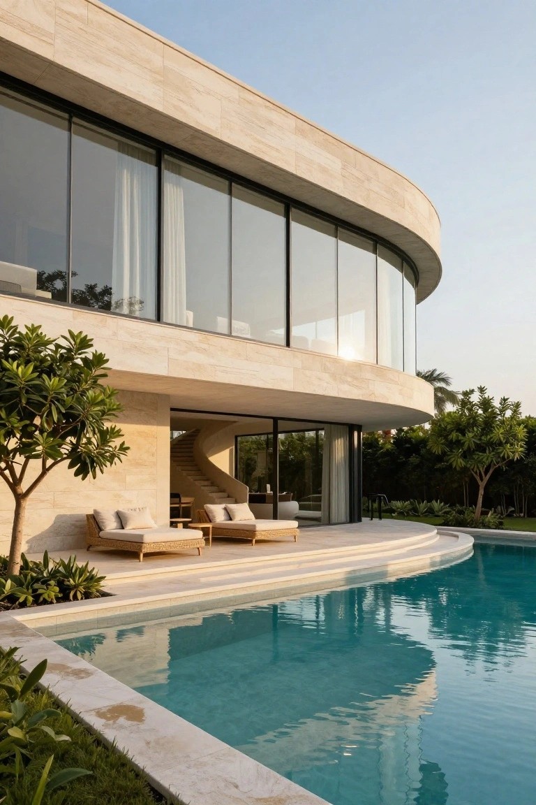 Modern villa with a large curved upper facade of light stone and glass overlooking a swimming pool and outdoor lounge area.