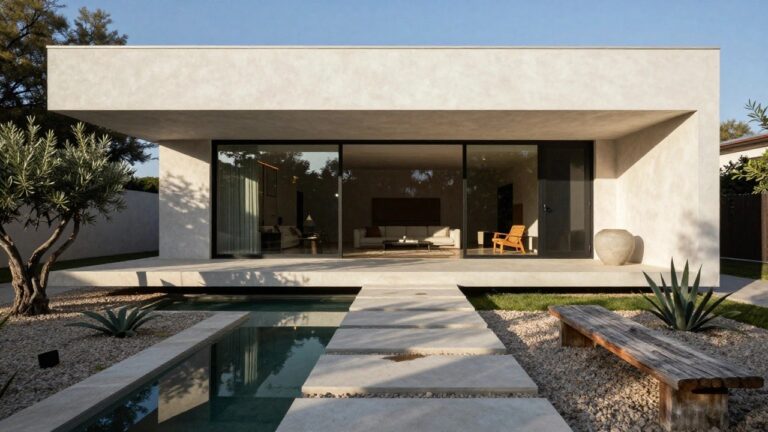 21 Striking Modern Villa Architecture Ideas Focused on Sculptural Shape Modern white villa with pool, concrete steps, gravel path, plants, and wooden bench