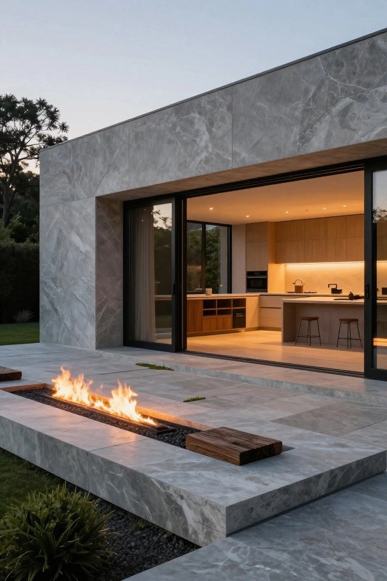 A modern stone villa with large sliding doors opening to a paved terrace that holds a long linear fire pit on a raised platform.