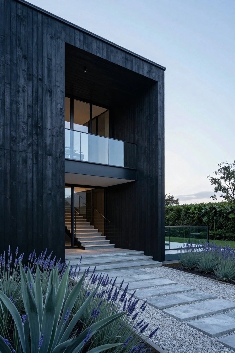Modern dark wood house exterior showing a large recessed entry with concrete stairs, glass balcony above, and gravel path with plants in the foreground.