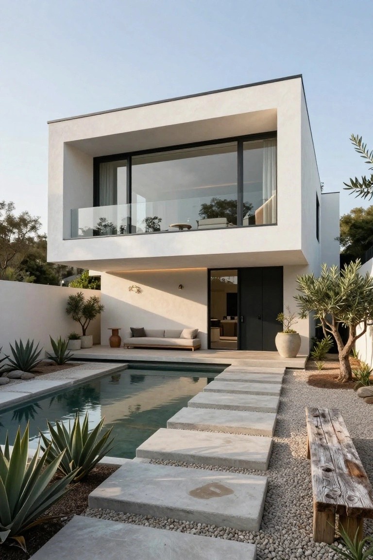 Modern white villa with pool, concrete steps, gravel path, plants, and wooden bench