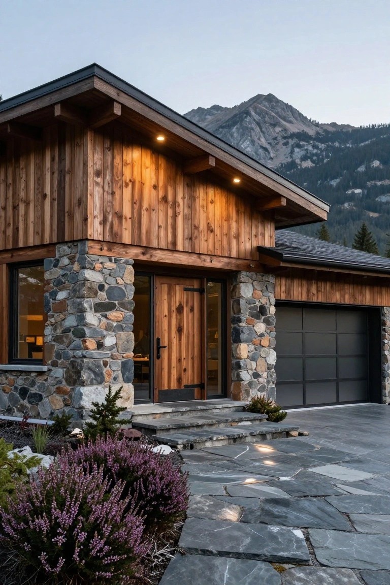 A modern house exterior featuring horizontal wood siding, stone columns framing the front door, a dark garage door, stone steps, and a paved walkway with shrubs in the foreground and mountains behind.