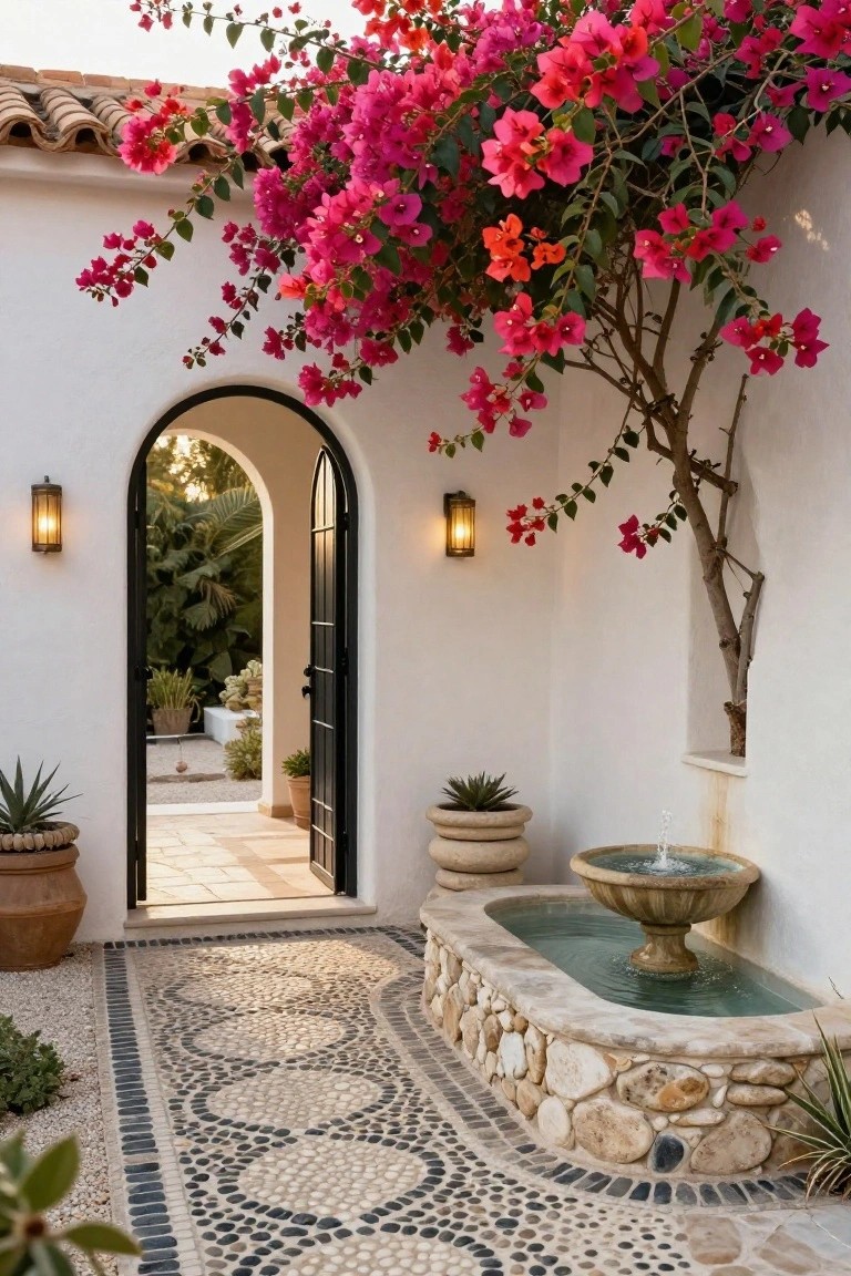 White-walled courtyard with pink bougainvillea, stone fountain, pebble path, and arched door.
