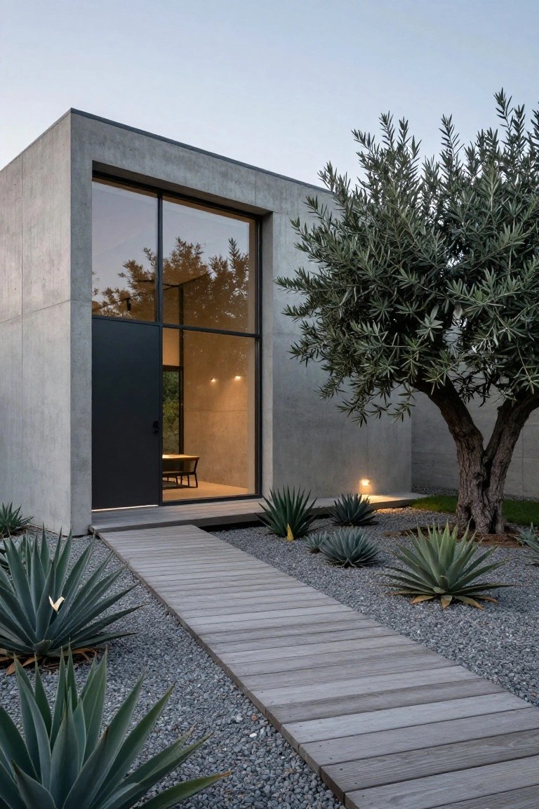 A modern concrete house exterior with a large glass wall and dark door, a wooden walkway leading through gravel beds planted with agave and an olive tree.