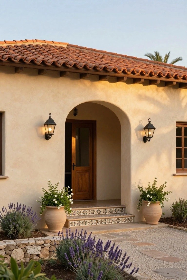 A stucco house exterior with a terracotta tile roof, featuring a recessed arched entryway with a wooden door, two black lanterns on the walls, and large terracotta pots with plants beside the steps.
