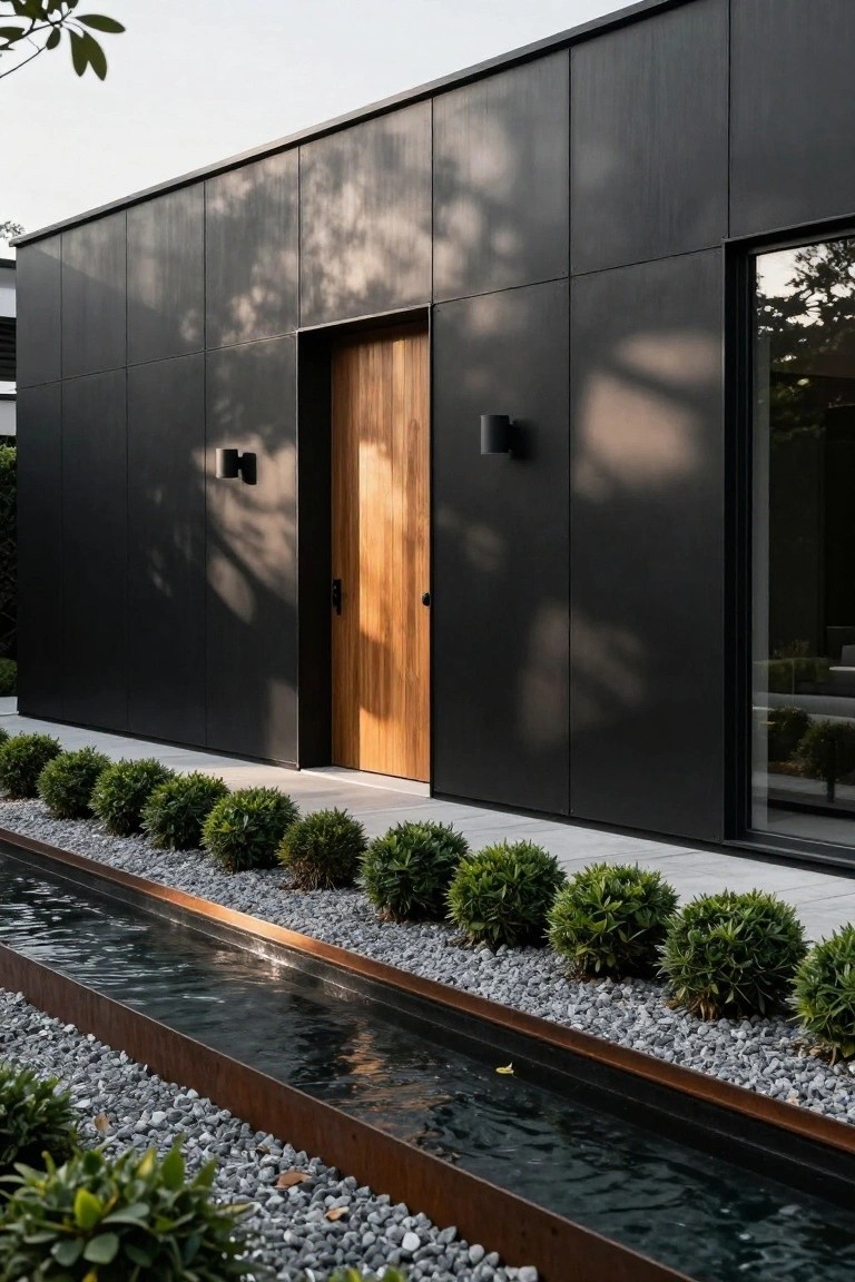 Modern house exterior with dark panel siding, a recessed wooden front door, two black wall sconces, and a foreground water feature lined with gravel and low shrubs.