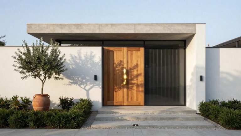 A modern white house facade with a centered wooden front door under a concrete overhang, flanked by black wall sconces, a potted olive tree on the left, and a gray garage door on the right, with a concrete step pathway.
