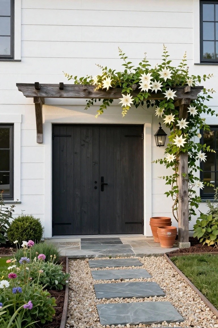 Front view of a white house with dark double doors beneath a wooden pergola covered in white flowering vines, with a stone path through gravel leading to the entrance.