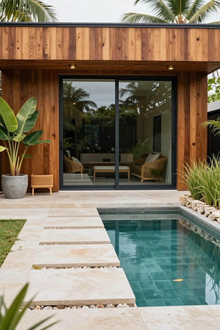 Modern villa exterior with horizontal wood siding, large black-framed sliding glass doors, and a front pool with stone path.