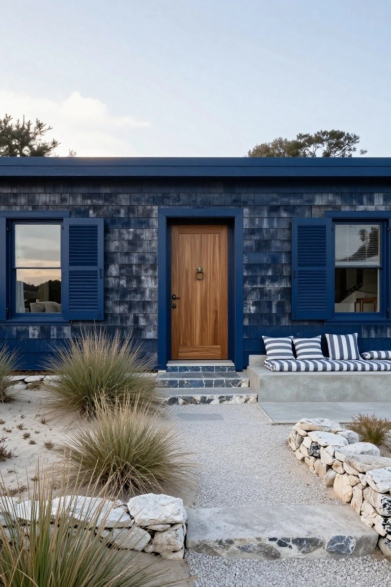 A front view of a modern house with dark blue shingle siding, a centered wooden door with blue trim, shuttered windows on either side, a gravel path, and stone edging.