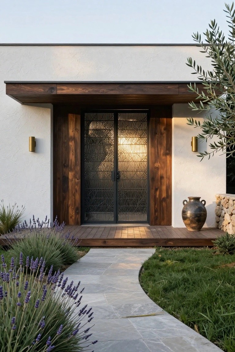 Modern house entrance with double doors featuring intricate metal patterns, set under a dark wood overhang, flanked by wall sconces, and approached by a stone path lined with lavender.