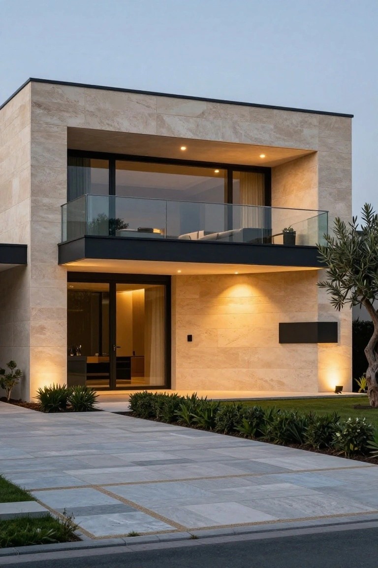 Modern two-story villa exterior clad in light stone with dark window frames, a cantilevered balcony with glass railing, and a paved front approach.