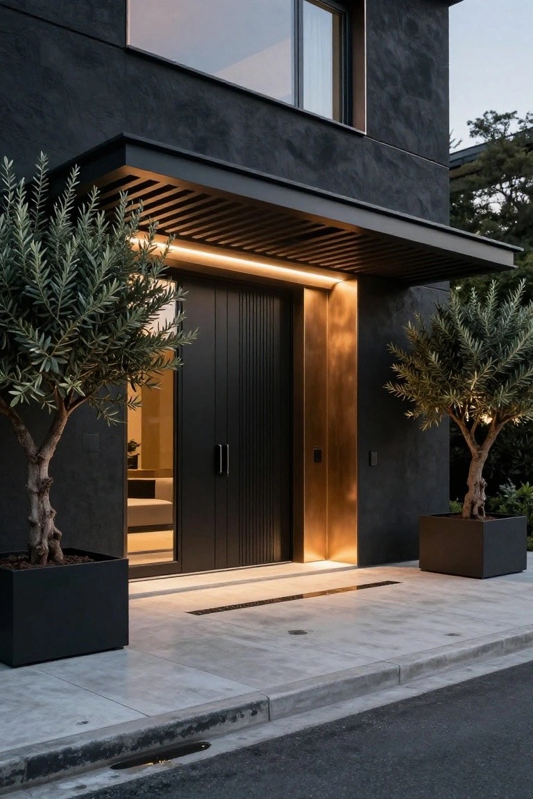 Modern dark villa entrance featuring double black doors beneath a slatted canopy with integrated warm lighting, flanked by two olive trees in square planters.