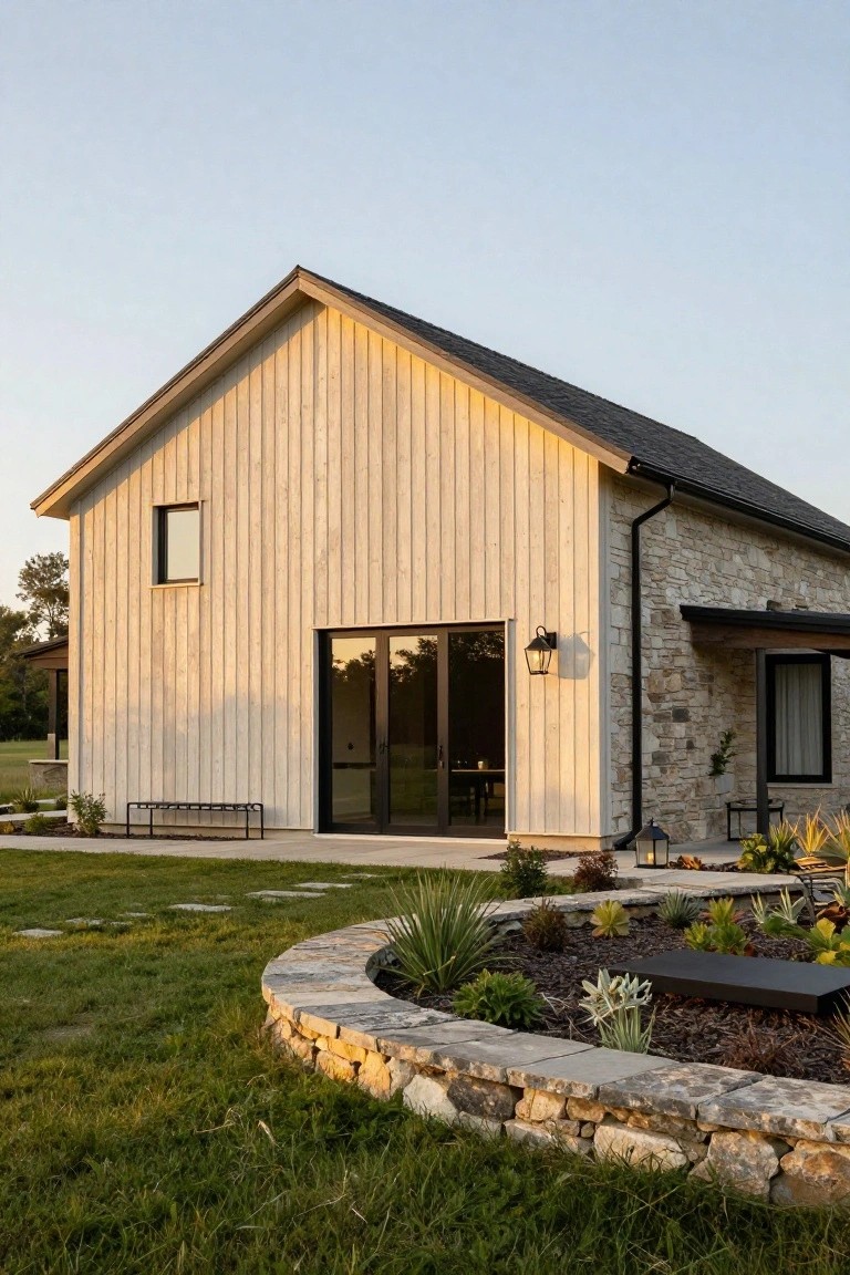 A modern house exterior featuring vertical light wood siding, a stone wall section on the right, large glass doors, and a curved stone garden border in the foreground.