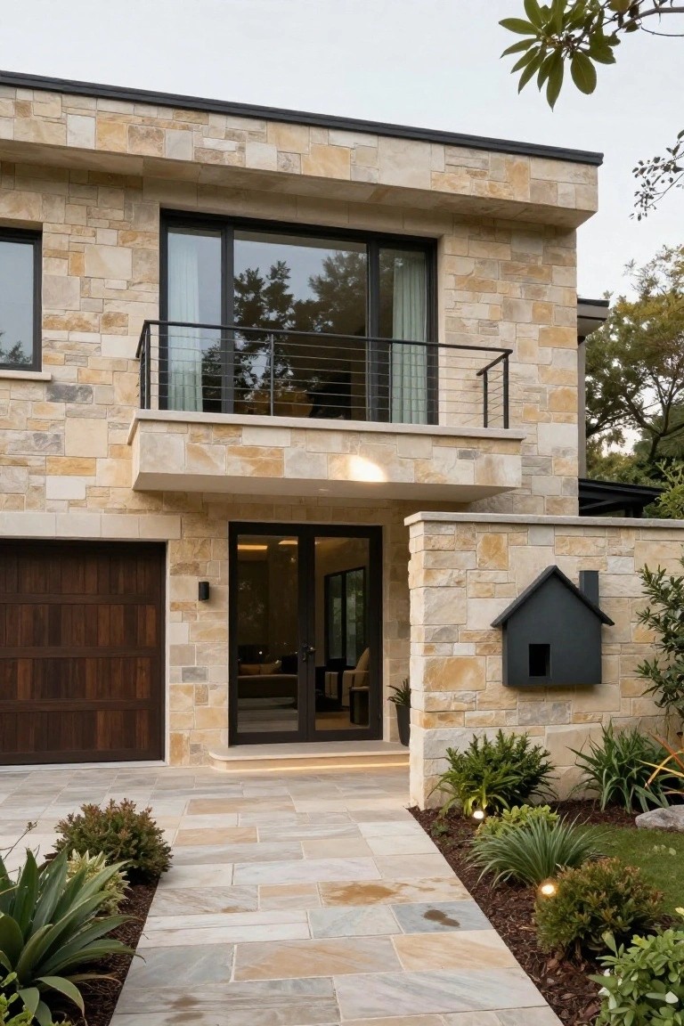 Modern two-story house exterior featuring mixed-tone stone cladding, large black-framed windows and doors, a second-floor balcony, and a dark wood garage door.