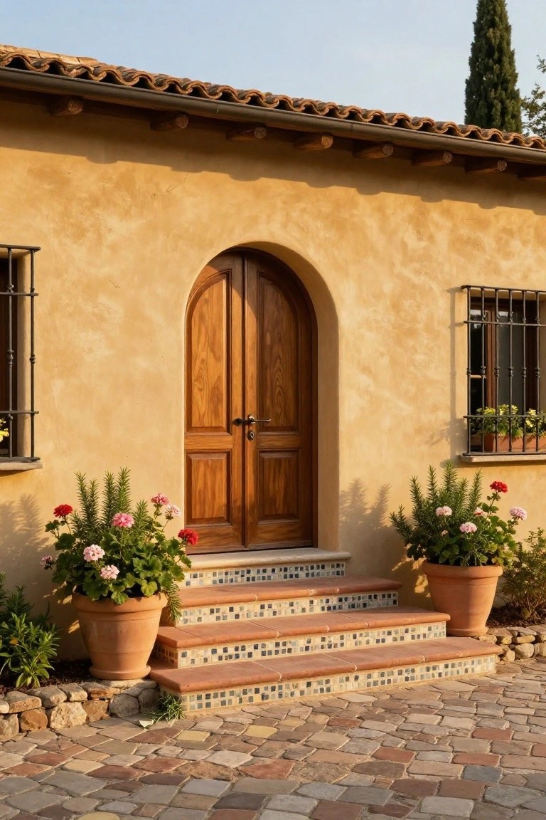A villa entrance featuring an arched wooden door, tiled steps, and two large terracotta pots filled with flowers positioned on either side.