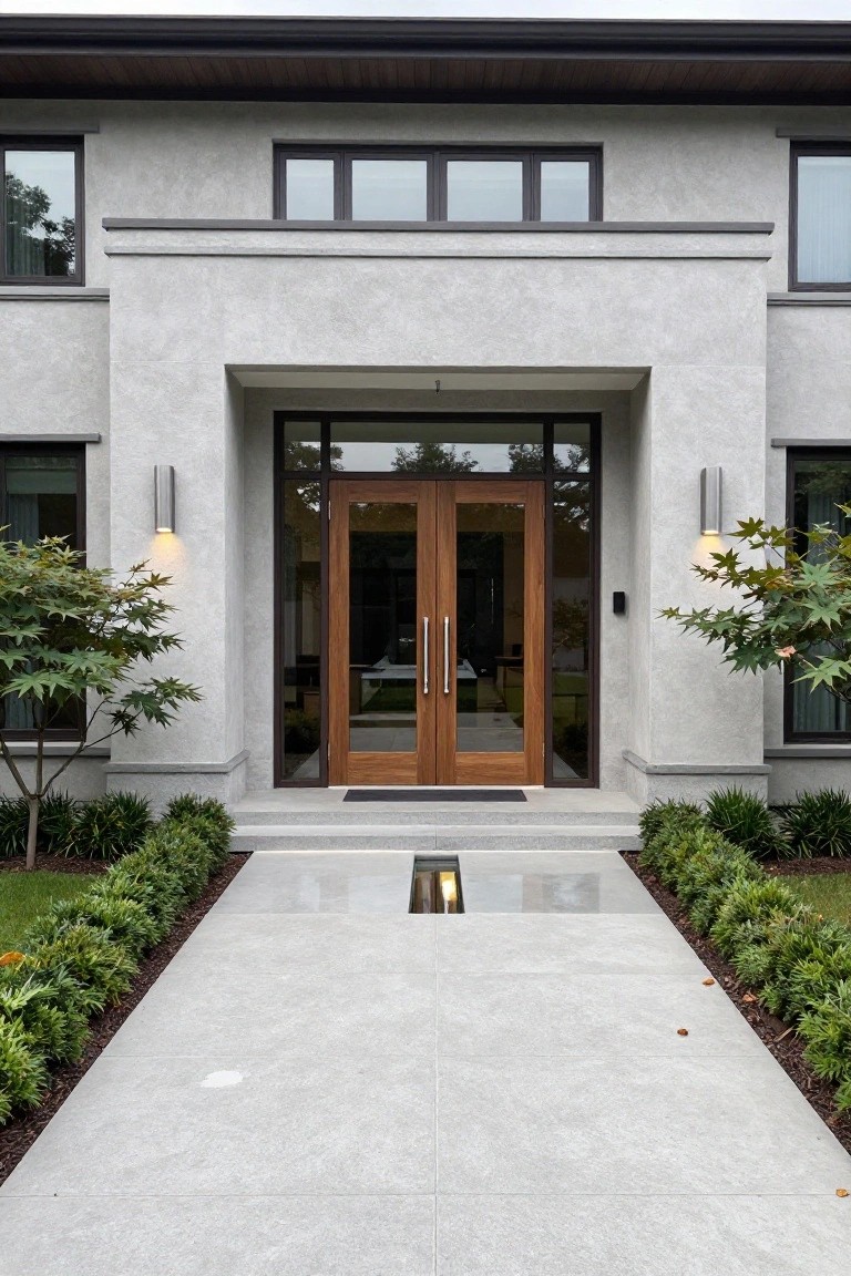 Front view of a modern house facade with a recessed double wood door entry, concrete walkway, and wall sconces on either side.