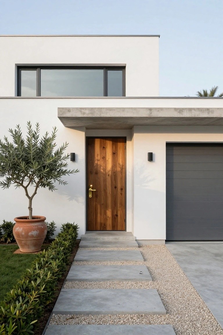 A modern white house facade with a centered wooden front door under a concrete overhang, flanked by black wall sconces, a potted olive tree on the left, and a gray garage door on the right, with a concrete step pathway.