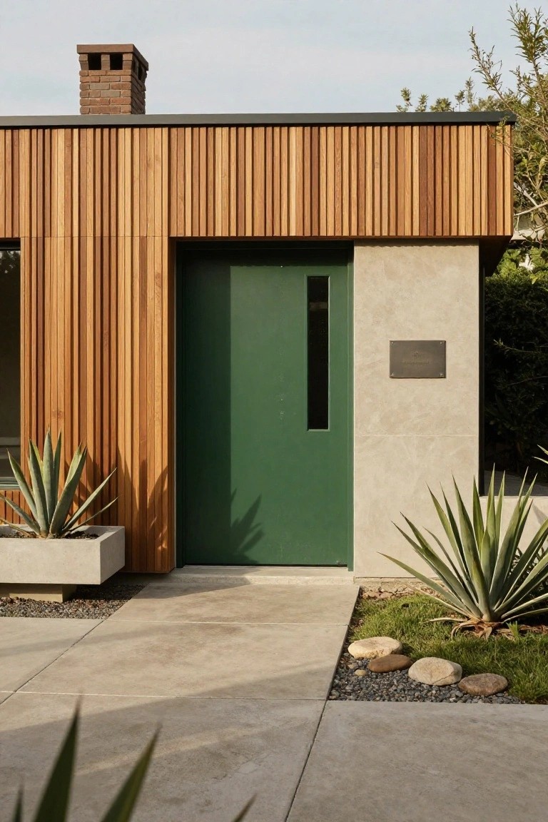 A modern home entrance shows a green door centered between vertical wood siding on the left and a concrete wall on the right, with agave plants in the foreground.