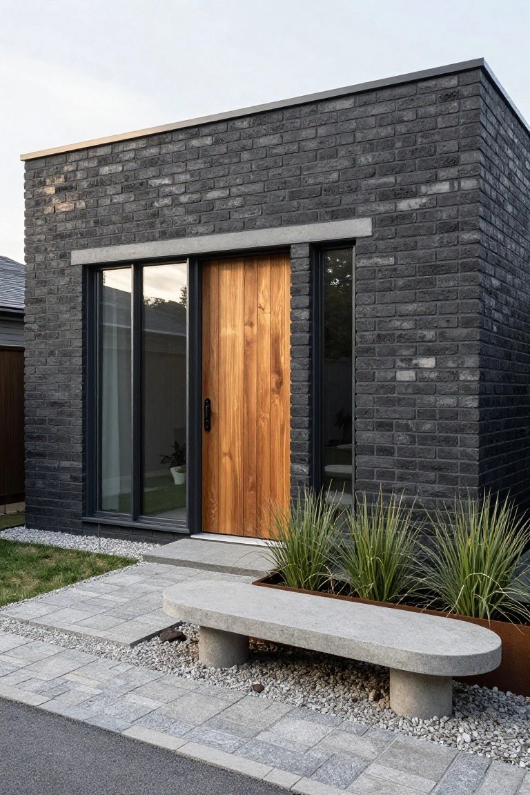 A modern house exterior with dark brick walls, a centered wooden front door, tall black-framed windows, and a concrete bench with plants in front.