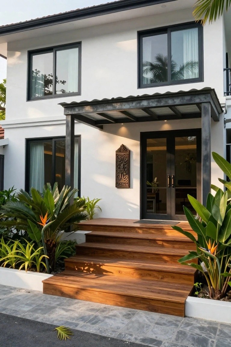 A modern two-story white villa with dark-framed windows, a wooden staircase leading to a double glass door under a metal awning, and tropical plants along the sides.