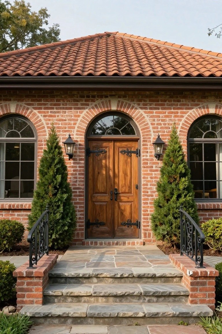A red brick ranch house facade with a centered arched entry of double wooden doors, flanked by arched windows, black lanterns, and tall evergreen shrubs, with stone steps and railings leading to the door.