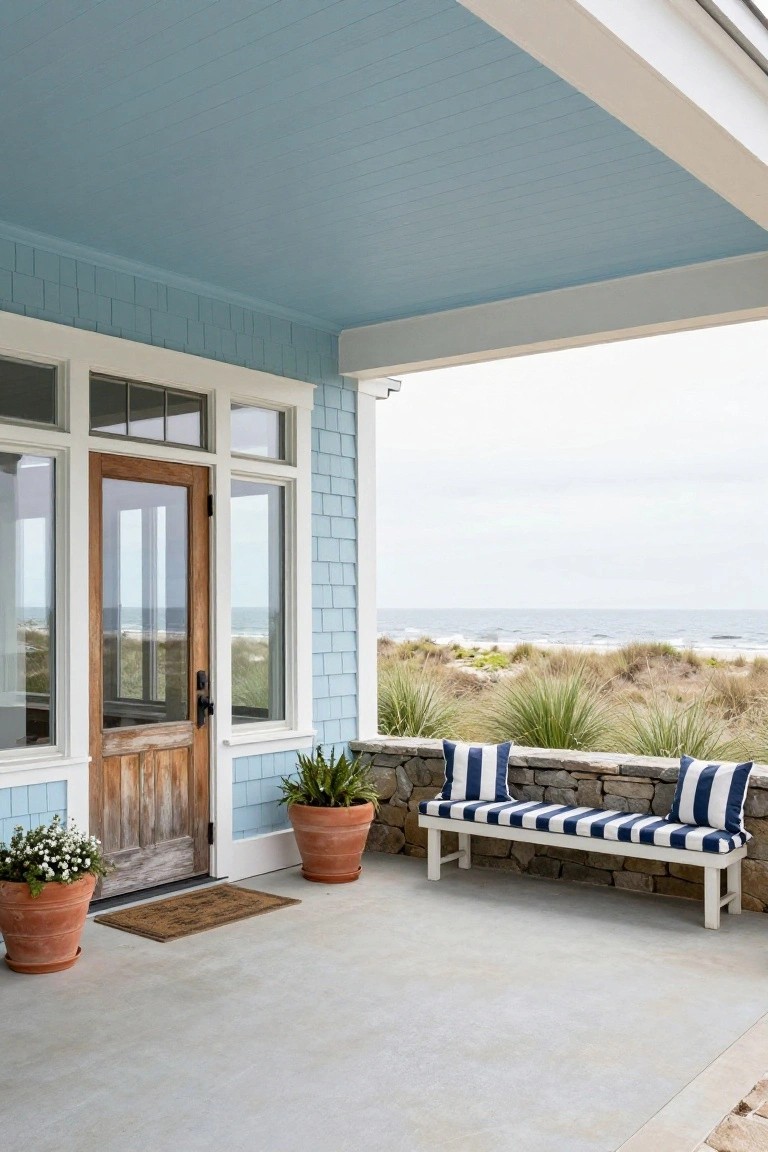 Covered porch with blue ceiling, wooden door, striped bench, potted plants, ocean view