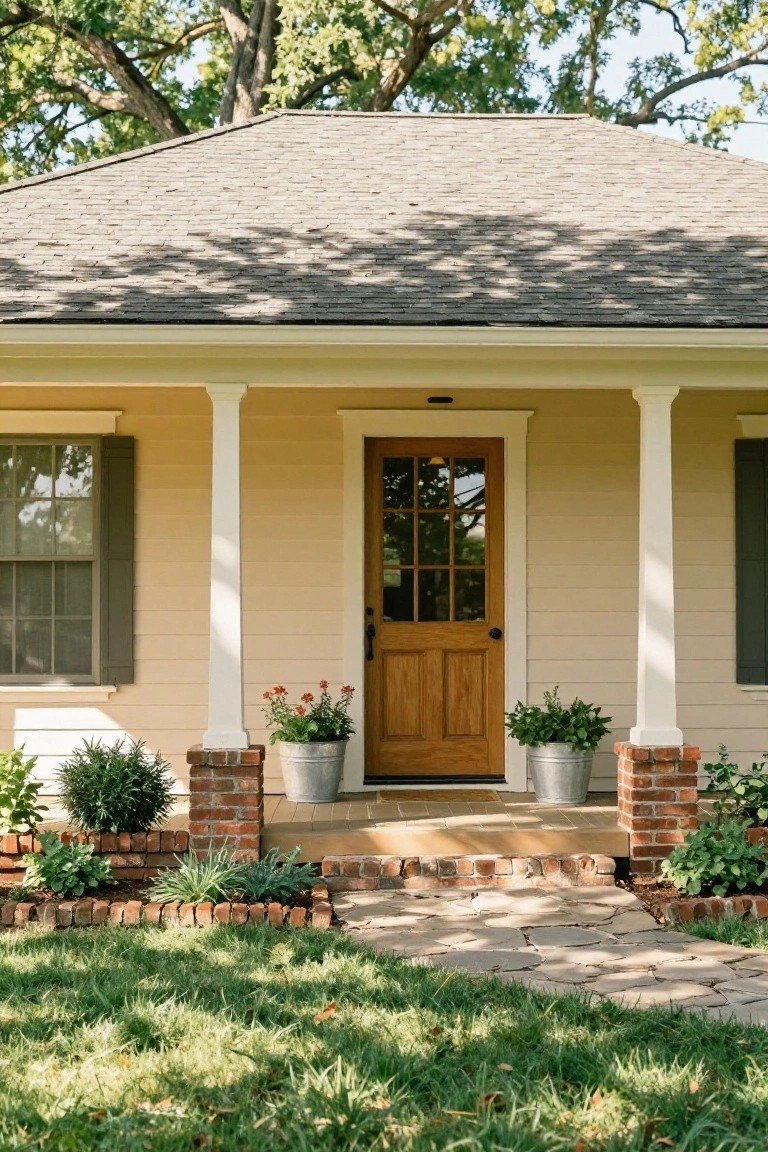 Front view of a pale yellow ranch house with a centered wooden door, white columns resting on brick piers, potted plants on the porch, and a stone path in front.