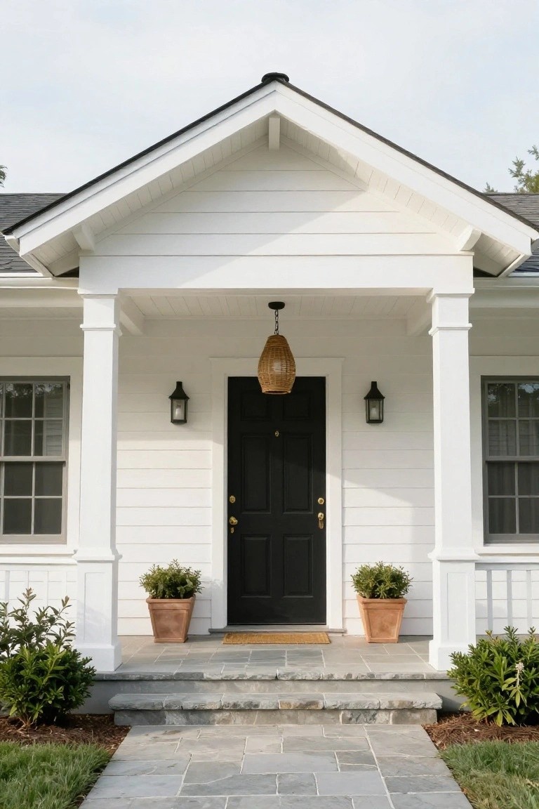 A white ranch house with a centered black front door under a gabled porch supported by white columns, flanked by two wall sconces and potted plants on stone steps.