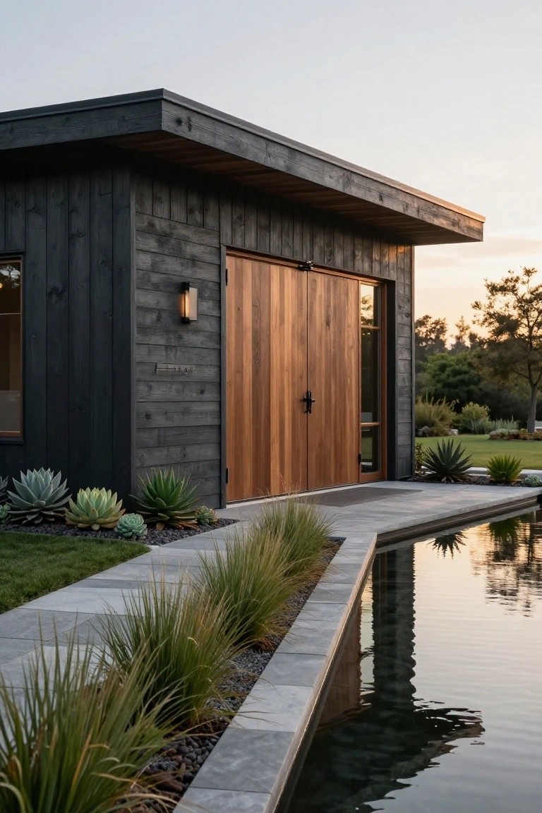 Modern dark wood house with double doors beside reflecting pool and succulents at dusk