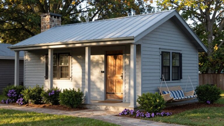 A light gray ranch house with a metal roof, wooden front door, and a blue striped hanging swing on the covered porch.