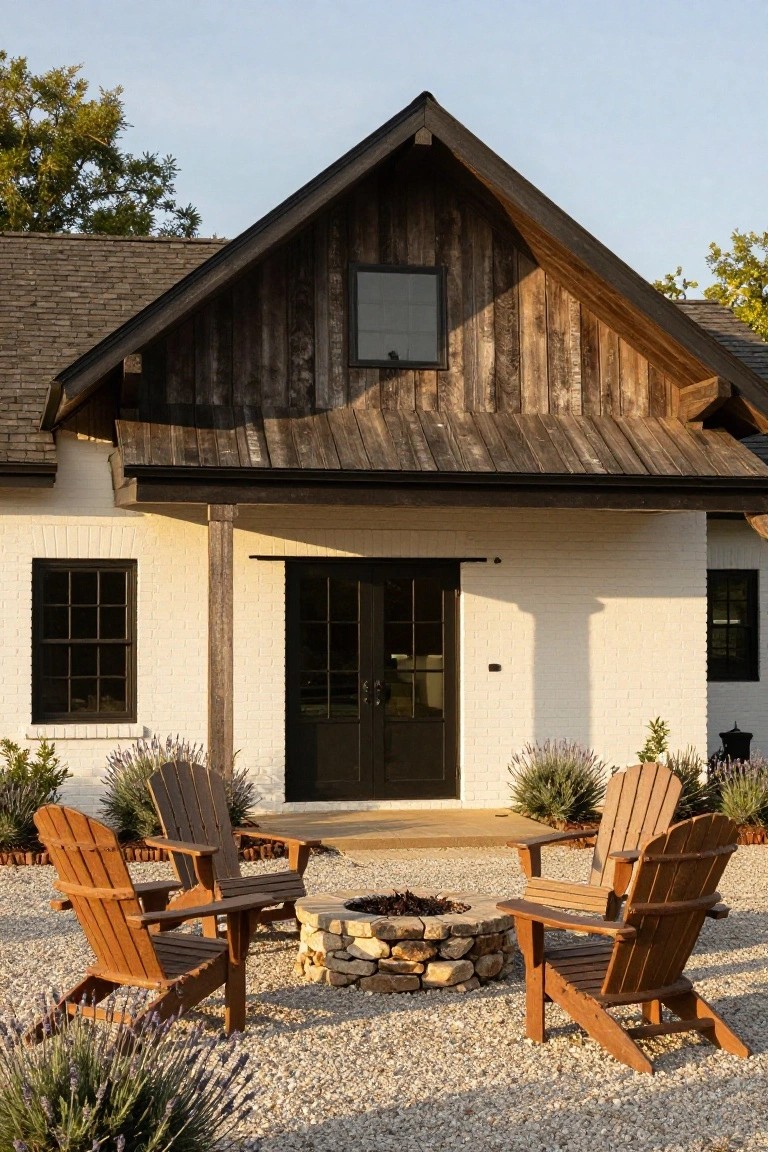 A white brick ranch house with dark wood gables and black double doors, featuring a stone fire pit surrounded by four wooden Adirondack chairs on gravel in the foreground.