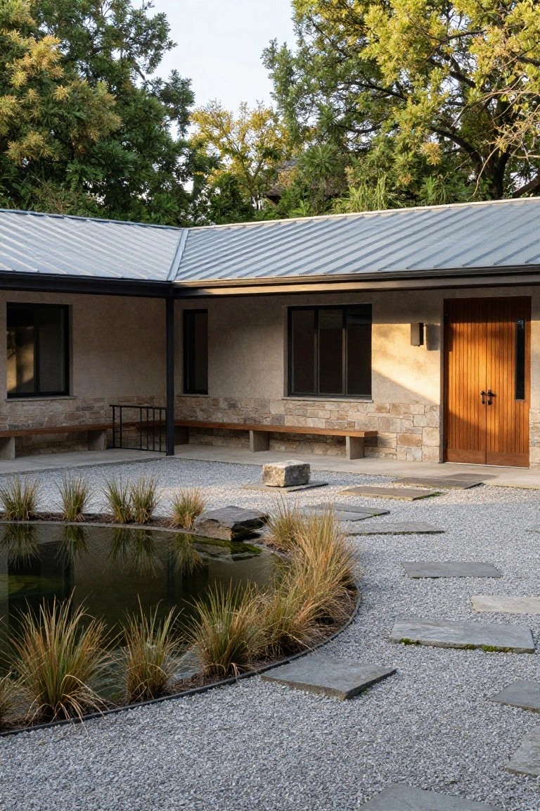 A single-story ranch home courtyard with gravel ground cover, stone stepping paths, a small pond edged with grasses, and a wooden door on the right.