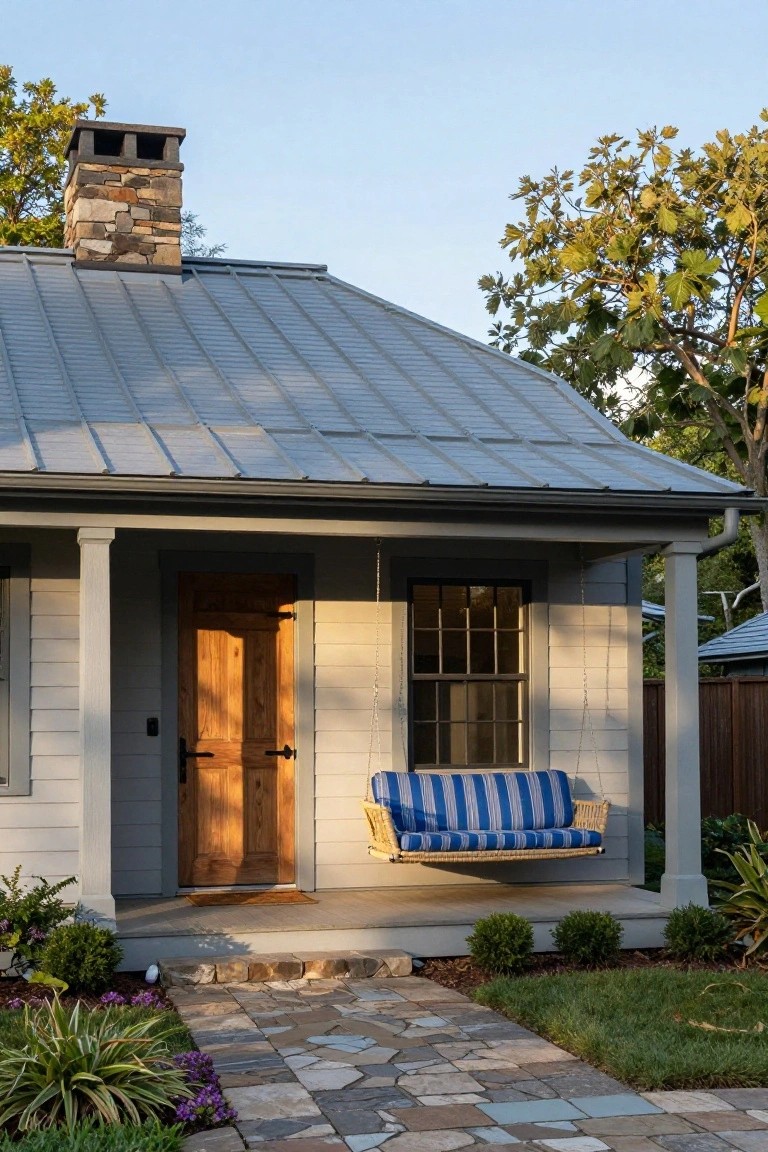 A light gray ranch house with a metal roof, wooden front door, and a blue striped hanging swing on the covered porch.
