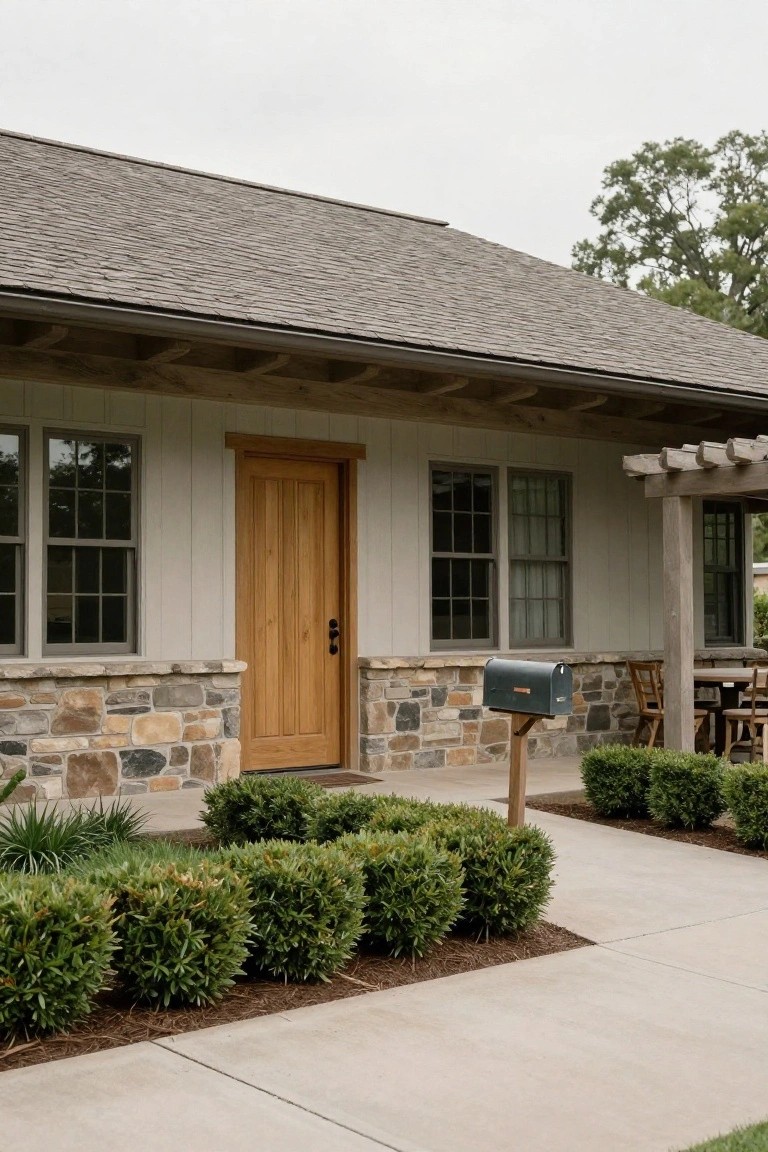 A ranch-style house exterior with a centered wooden door, stone foundation, light siding, and a gray shingle roof.